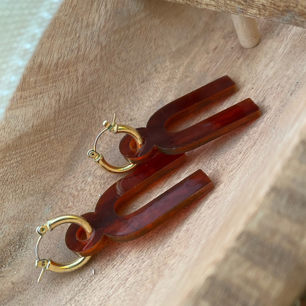 Brown Acrylic and Gold Horseshoe Shaped Earrings